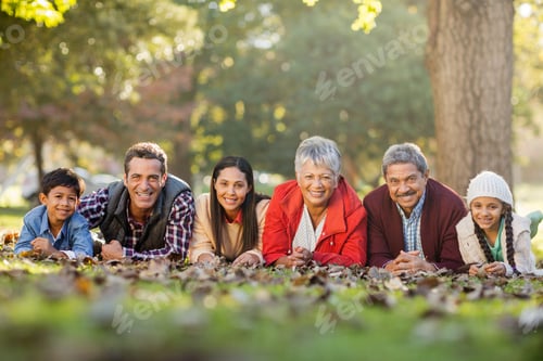 Preview: Portrait Of Happy Family Lying On Front Against Trees At Park
