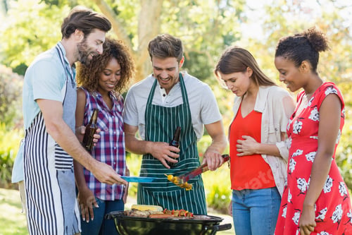 Preview: Happy Friends Preparing A Barbecue Grill In Park On A Sunny Day