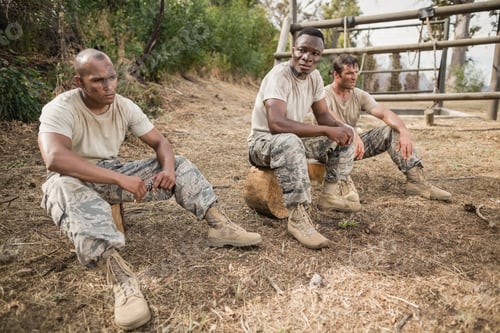 Preview: Military Soldiers Relaxing During Obstacle Training At Boot Camp