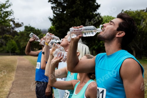 Preview: Athletes Drinking Water In Park On Sunny A Day