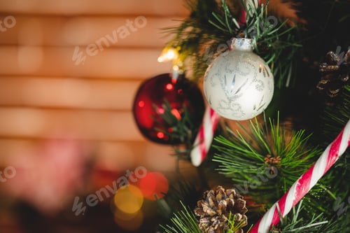 Preview: Close-Up Of Decorations On Christmas Tree During Christmas Time At Home