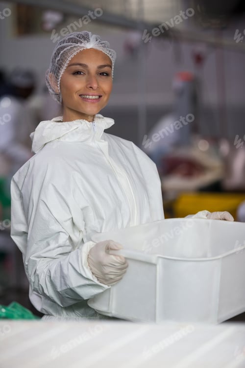 Preview: Portrait Of Female Butcher Holding Container At Meat Factory