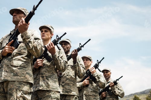 Preview: Group Of Military Soldiers Standing With Rifles At Boot Camp