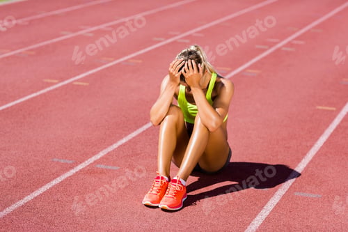 Preview: Upset Female Athlete Sitting On Running Track On A Sunny Day