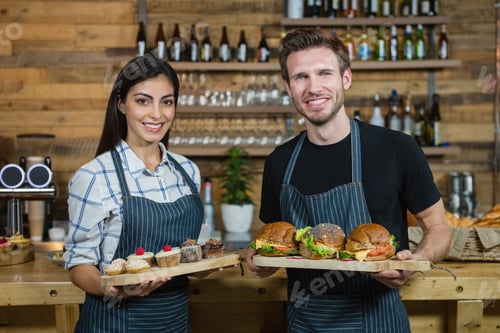 Preview: Portrait Of Waiter And Waitresses Holding Cupcakes And Food At Counter In Cafã©
