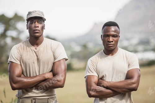 Preview: Military Soldiers Standing With Arms Crossed During Obstacle Course In Boot Camp