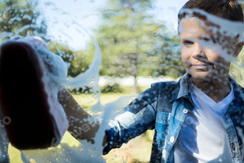 Preview: Teenage Boy Washing A Car On A Sunny Day