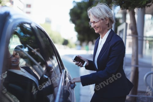 Preview: Smiling Businesswoman Opening Car Door