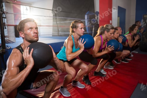 Preview: Group Of Young Athletes Exercising With Balls Against Boxing Ring