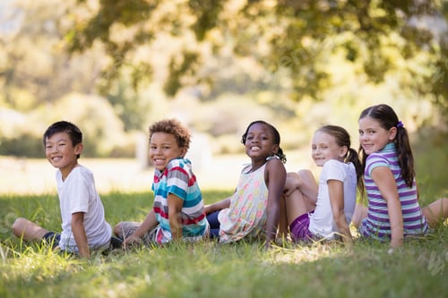 Preview: Portrait Of Smiling Friends Sitting On Grass At Campsit