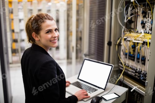 Preview: Portrait Of Technician Using Laptop While Analyzing Server In Server Room