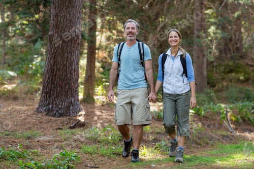 Preview: Hiker Couple Holding Hands While Hiking In Forest
