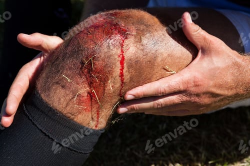Preview: Close Up Of Rugby Player With Injured Knee Sitting On Field