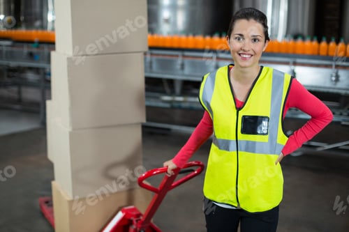 Preview: Portrait Of Female Factory Worker Holding Trolley Of Cardboard Boxes At Drinks Production Factory
