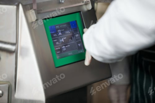 Preview: Close-Up Of Butcher Operating Machine At Meat Factory