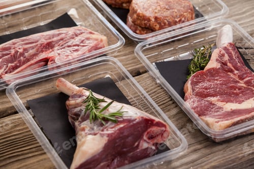 Preview: Varieties Of Meat In Plastic Boxes Against Wooden Background