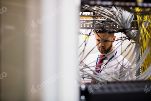 Preview: Technician Checking Cables In A Rack Mounted Server In Server Room