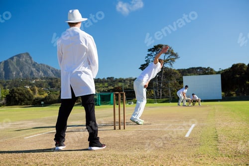 Preview: Sports Team Playing Cricket On Pitch Against Sky On Sunny Day