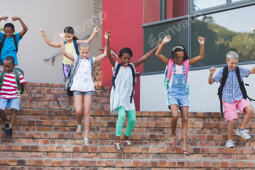 Preview: Group Of Kids Getting Down From Staircase At School