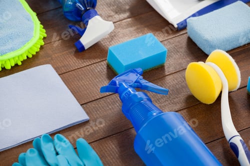 Preview: Set Of Cleaning Equipment Arranged On Wooden Floor