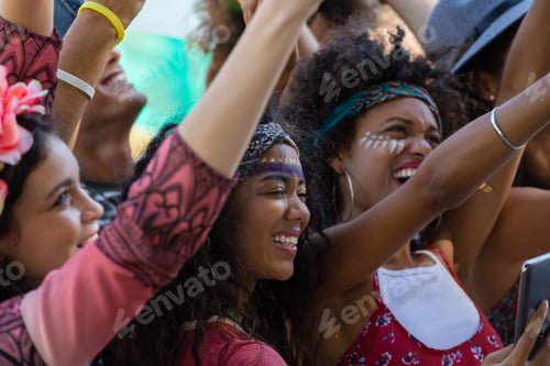 Preview: Beautiful Woman Taking Selfie On Mobile Phone While Dancing In The Music Festival