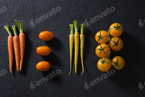 Preview: Overhead Of Carrots And Tomatoes On Black Background