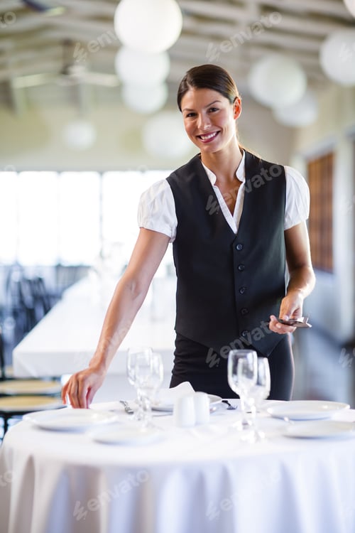 Preview: Portrait Of Smiling Waitress Setting The Table In A Restaurant