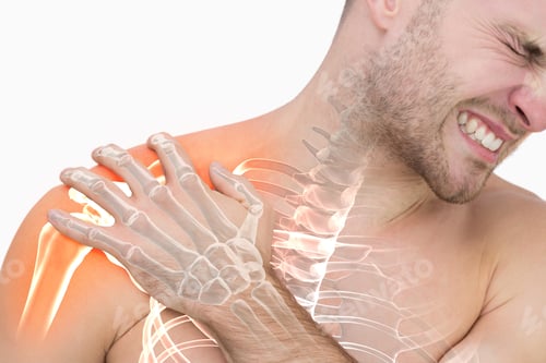 Preview: Digital Composite Of Highlighted Shoulder Pain Of Man Against White Background