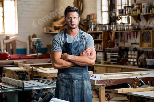 Preview: Close Up Of Carpenter Is Posing In A Dusty Workshop