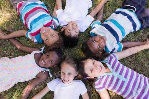 Preview: High Angle Portrait Of Smiling Friends Lying On Grassy Field In Forest