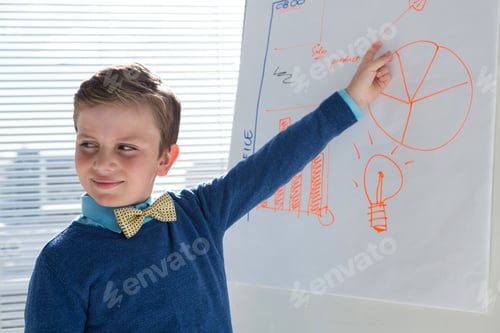 Preview: Boy As Business Executive Presenting On White Board In Office