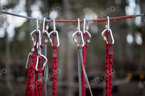 Preview: Carabiner Hanging On Wire Rope In Park