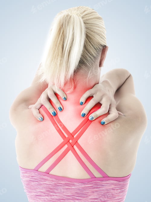 Preview: Acute Pain In A Neck Female Holding Hand To Spot Of Neck Aches.