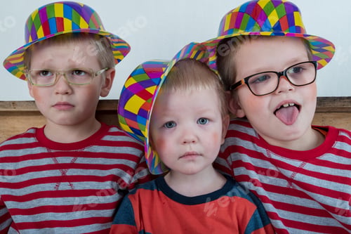 Preview: Funny Clown Children Dressed Up In Costumes And Represent The Circus. Child Is Playing At Home. The