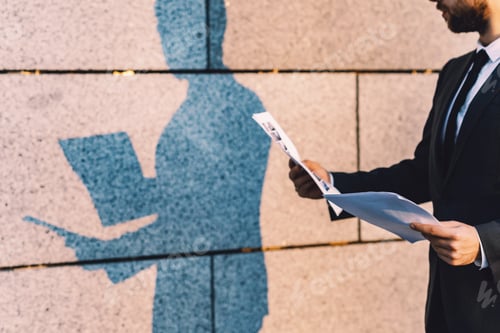 Preview: Close-Up Businessman In A Classic Suit Reading Advantageous Business Document In Paper Form