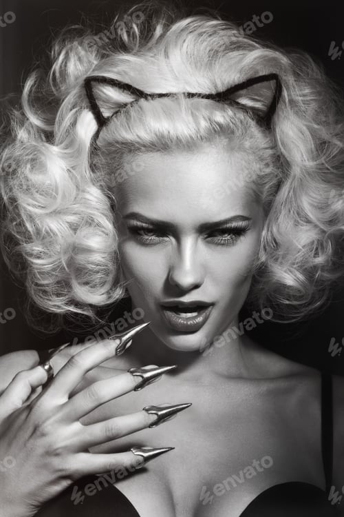 Preview: Black And White Vintage Style Portrait Of Young Beautiful Blonde Girl With Wild Expression