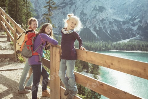 Preview: Family. Mother And Her Daughter Walking Around The Braies Lake, Dolomites Italy
