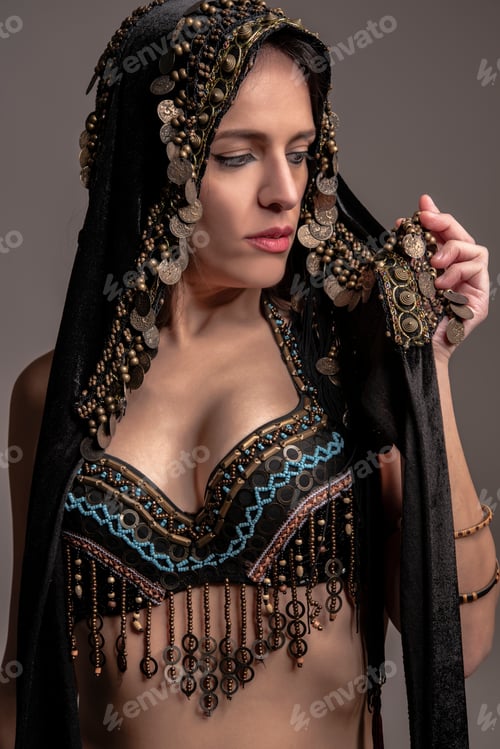 Preview: Beautiful Native American Woman Shaman Isolated On Gray Background.
