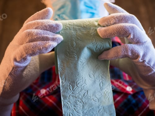Preview: Elderly Man In Plaid Shirt Protected Himself From Going To Market. Blue Mask, Goggles, Gloves And