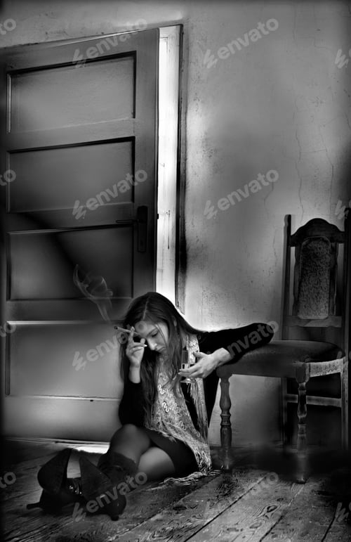Preview: Lonely Beautiful Young Girl Sitting In The Old Room