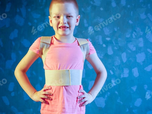 Preview: Kid In Corrector For Spine In Pink T-Shirt On A Gray Background Child Wearing Back Support Belt For
