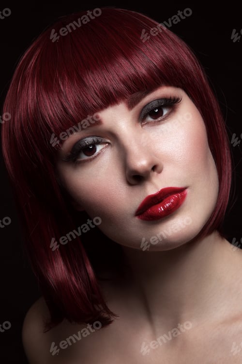 Preview: Portrait Of Young Beautiful Red-Haired Girl With Bob Haircut And Stylish Make-Up