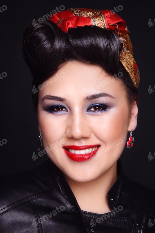Preview: Portrait Of Beautiful Smiling Asian Girl With Rockabilly Style Hairdo And Fancy Make-Up