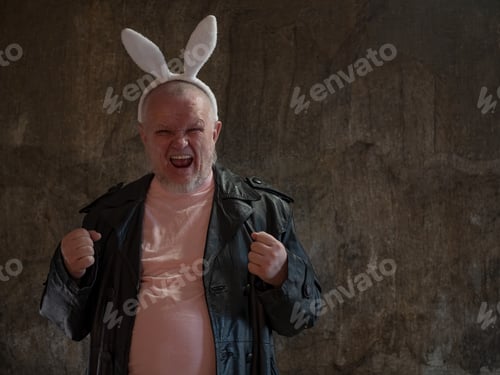Preview: Elderly Man In Pink Pajamas, Rabbit Ears And Leather Coat Of Exhibition Maniac Is Dancing Against