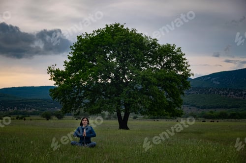 Preview: A Young Woman Doing Yoga Yoga In Lotus Pose At Sunset In The Field Near Bi Oak Tree. The Idea And