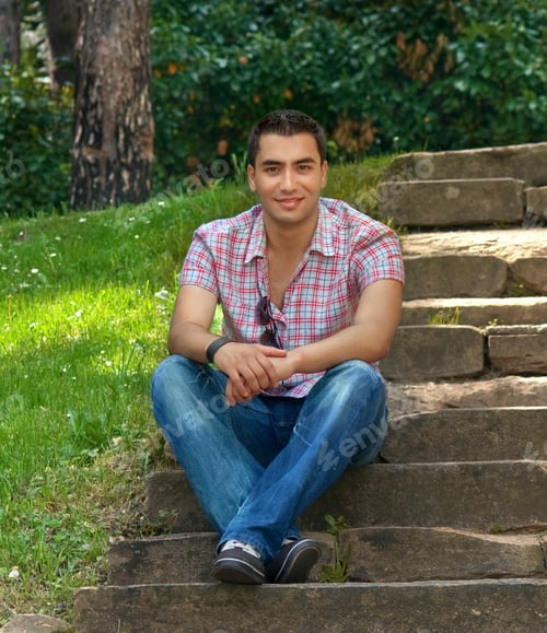 Preview: Beautiful Young Men Sitting On Stairway, Outdoor -Shot