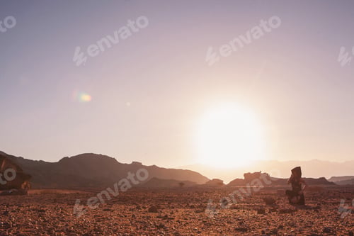 Preview: Beautiful Young Woman In Timna, Desert In Israel. Rocks In Sunset Time. Mystic Concept
