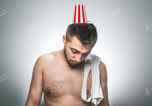 Preview: Funny Drowsy Man With Undershirt On His Shoulder, Undressed Guy