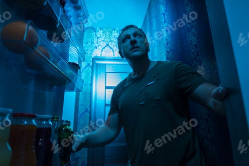Preview: Man Searching To Eat Or Drink In His Fridge During The Night Standing In The Open Door Of The
