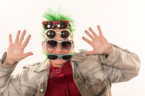 Preview: A Crazy Girl With Green Hair Advertises Various Styles Of Glasses. The Concept Of Fun And